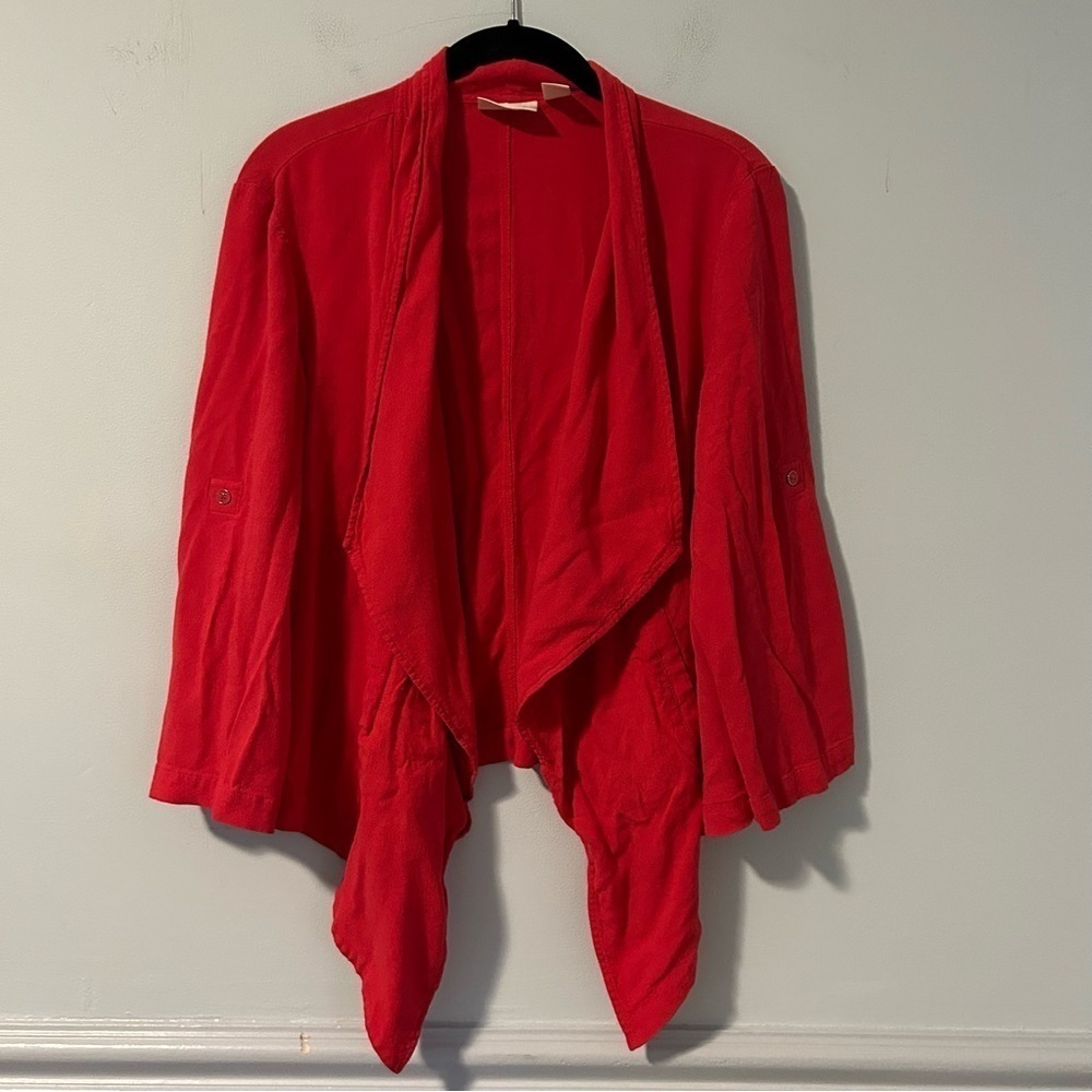 Chico’s Bright Red Open Front Ruffle Cardigan Size Large